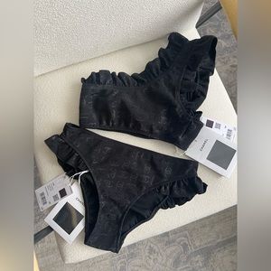 NWT Chanel Black Ruffle One Shoulder Top & Bottoms Bikini Set